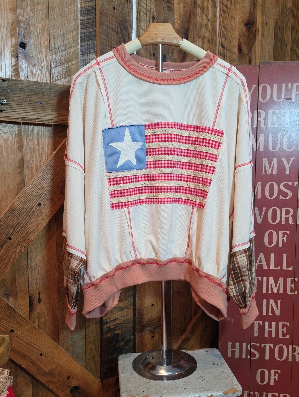 222p BiBi Cream Pullover Sweatshirt with Pink Trim & Blue Star Patch